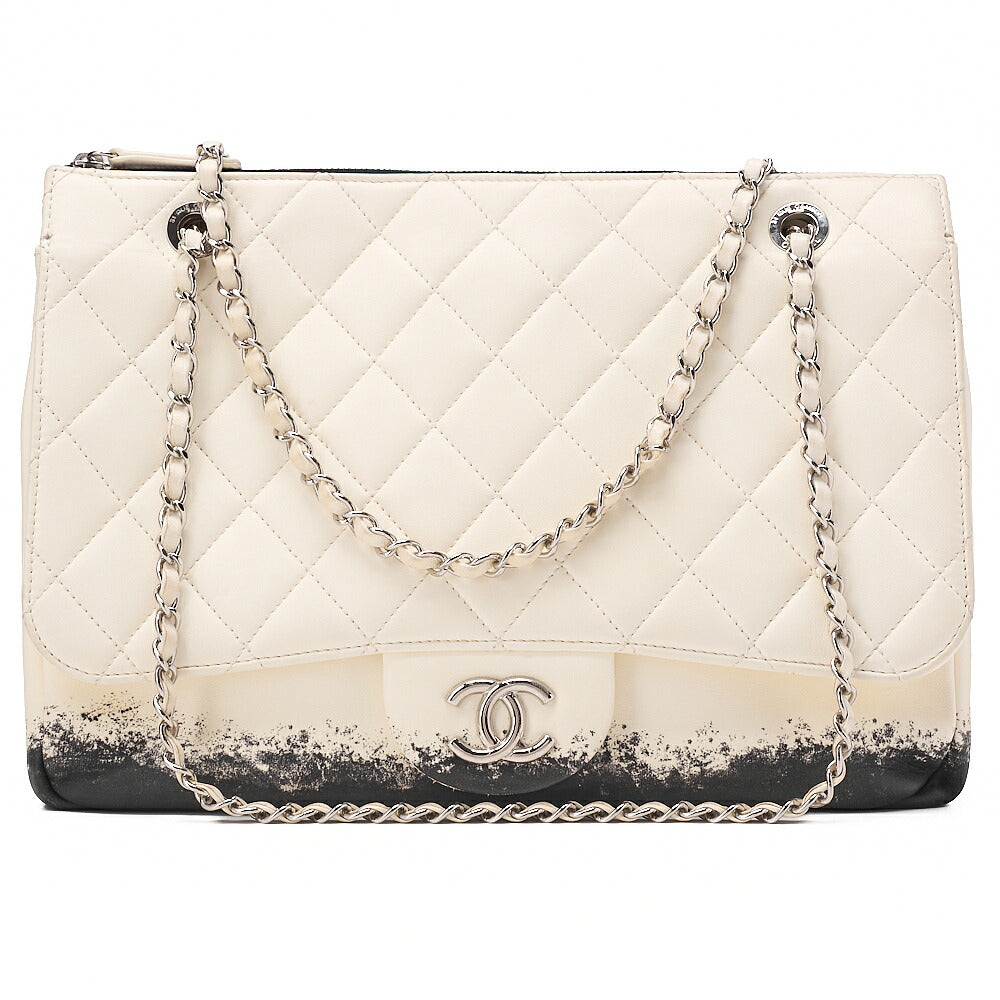 CHANEL Single Chain Shoulder Bag Single Flap Matelasse Lambskin Bicolor Ivory x Black Silver-Tone Hardware, Pre-Owned