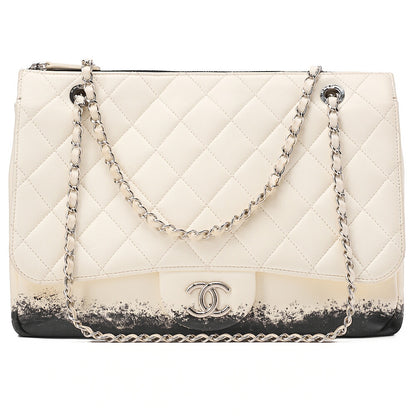 CHANEL Single Chain Shoulder Bag Single Flap Matelasse Lambskin Bicolor Ivory x Black Silver-Tone Hardware, Pre-Owned