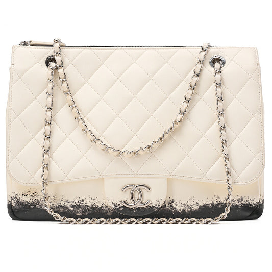 CHANEL Single Chain Shoulder Bag Single Flap Matelasse Lambskin Bicolor Ivory x Black Silver-Tone Hardware, Pre-Owned