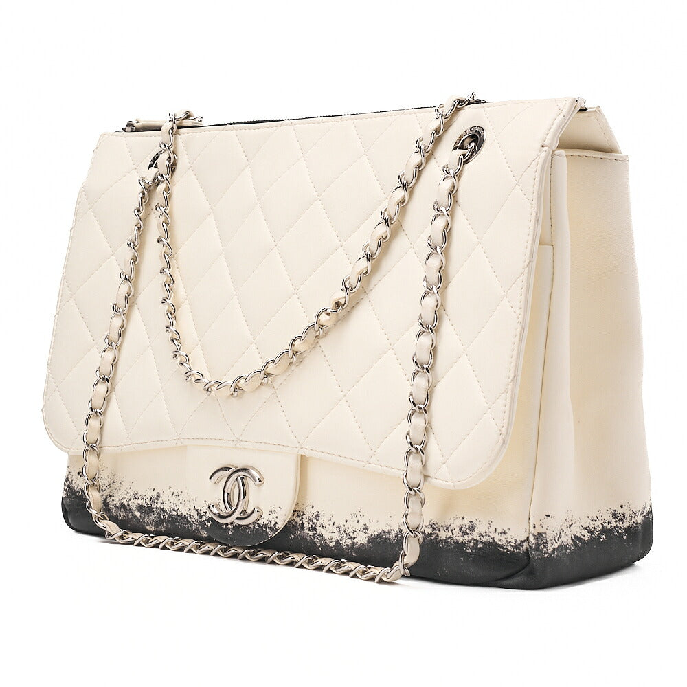CHANEL Single Chain Shoulder Bag Single Flap Matelasse Lambskin Bicolor Ivory x Black Silver-Tone Hardware, Pre-Owned