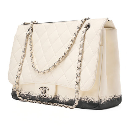 CHANEL Single Chain Shoulder Bag Single Flap Matelasse Lambskin Bicolor Ivory x Black Silver-Tone Hardware, Pre-Owned