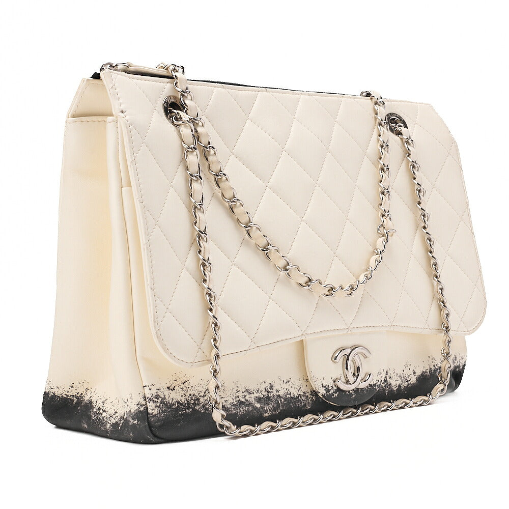 CHANEL Single Chain Shoulder Bag Single Flap Matelasse Lambskin Bicolor Ivory x Black Silver-Tone Hardware, Pre-Owned