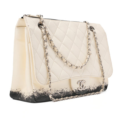 CHANEL Single Chain Shoulder Bag Single Flap Matelasse Lambskin Bicolor Ivory x Black Silver-Tone Hardware, Pre-Owned