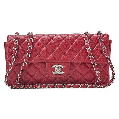 CHANEL Caviar Skin Matelasse Single Flap Chain Shoulder Red Silver-Tone Hardware, Pre-Owned