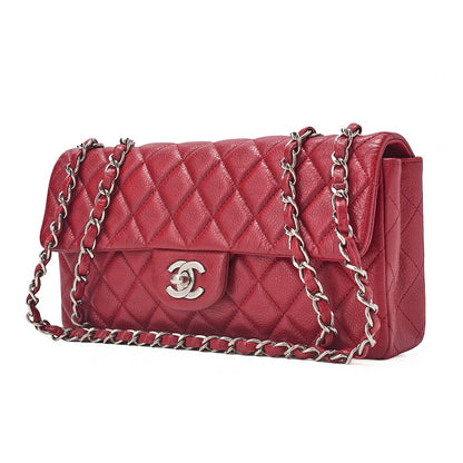 CHANEL Caviar Skin Matelasse Single Flap Chain Shoulder Red Silver-Tone Hardware, Pre-Owned