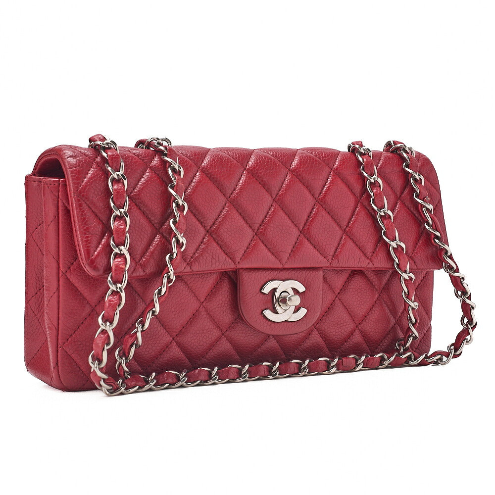 CHANEL Caviar Skin Matelasse Single Flap Chain Shoulder Red Silver-Tone Hardware, Pre-Owned