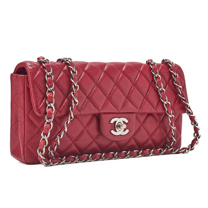 CHANEL Caviar Skin Matelasse Single Flap Chain Shoulder Red Silver-Tone Hardware, Pre-Owned