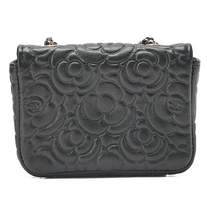 CHANEL Lambskin Mini Mini Camellia Single Chain Shoulder Black Gold-Tone Hardware, Pre-Owned