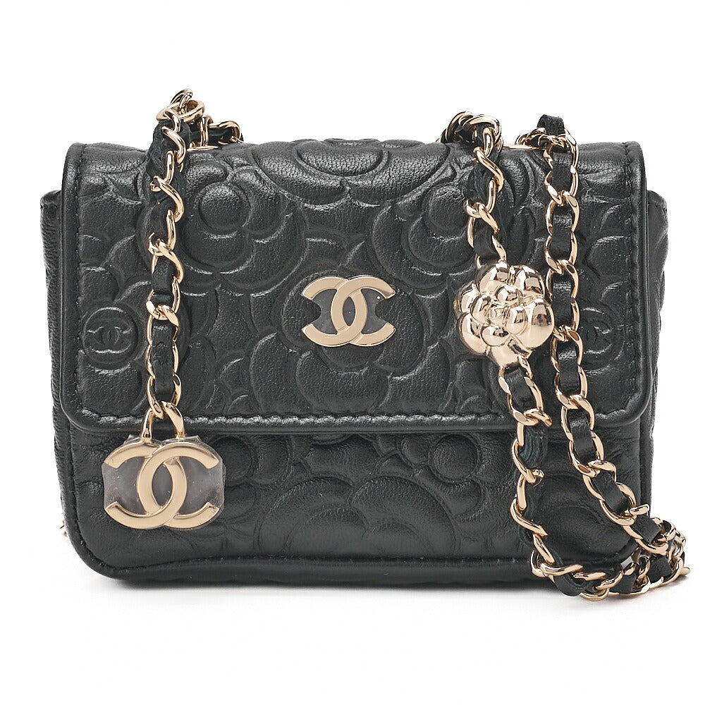 CHANEL Lambskin Mini Mini Camellia Single Chain Shoulder Black Gold-Tone Hardware, Pre-Owned