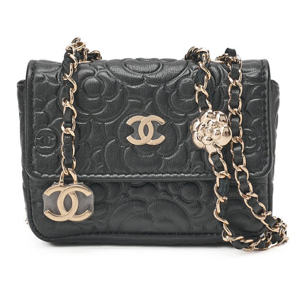 CHANEL Lambskin Mini Mini Camellia Single Chain Shoulder Black Gold-Tone Hardware, Pre-Owned