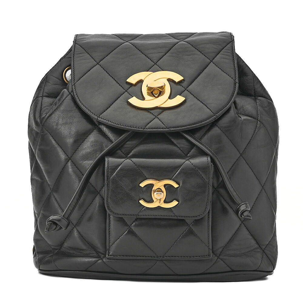 CHANEL Chanel Matelasse Double Turn Lock Chain Backpack Lambskin Black Gold-Tone Hardware, Pre-Owned