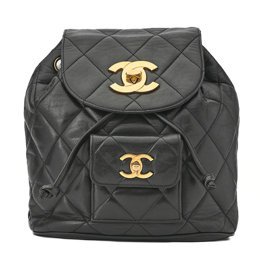 CHANEL Chanel Matelasse Double Turn Lock Chain Backpack Lambskin Black Gold-Tone Hardware, Pre-Owned