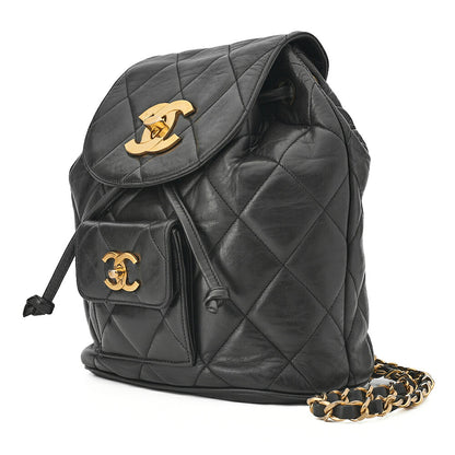 CHANEL Chanel Matelasse Double Turn Lock Chain Backpack Lambskin Black Gold-Tone Hardware, Pre-Owned