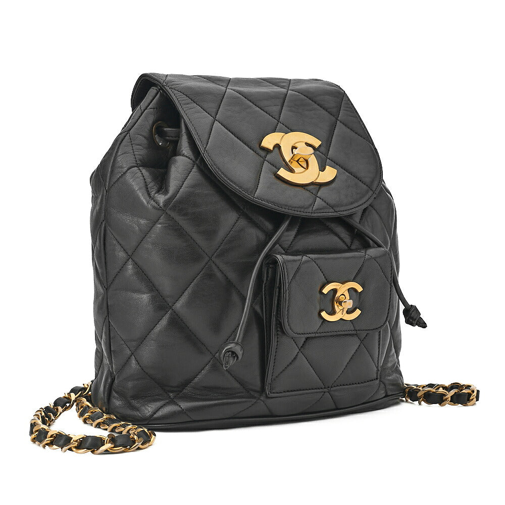 CHANEL Chanel Matelasse Double Turn Lock Chain Backpack Lambskin Black Gold-Tone Hardware, Pre-Owned
