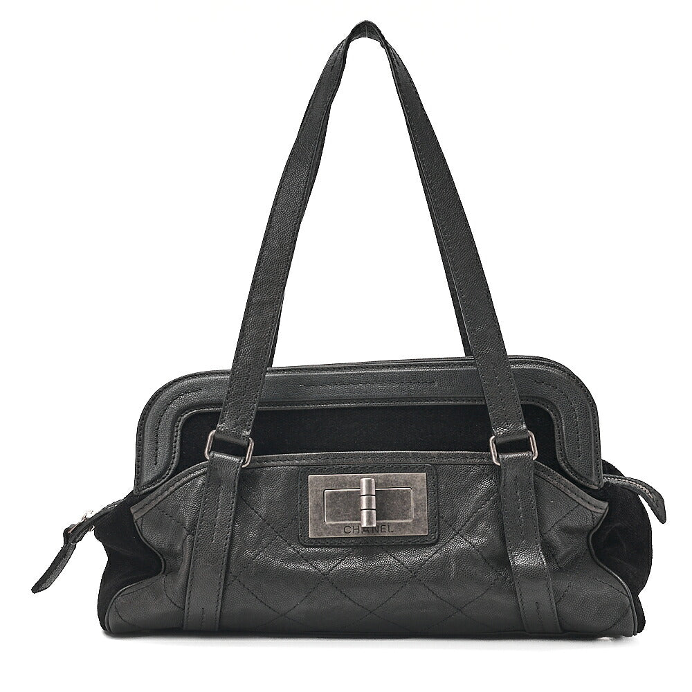CHANEL Caviar Skin x Cotton Matelasse 2.55 Lock Tote Bag Black Silver-Tone Hardware, Pre-Owned