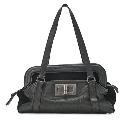 CHANEL Caviar Skin x Cotton Matelasse 2.55 Lock Tote Bag Black Silver-Tone Hardware, Pre-Owned