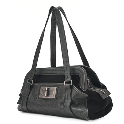CHANEL Caviar Skin x Cotton Matelasse 2.55 Lock Tote Bag Black Silver-Tone Hardware, Pre-Owned