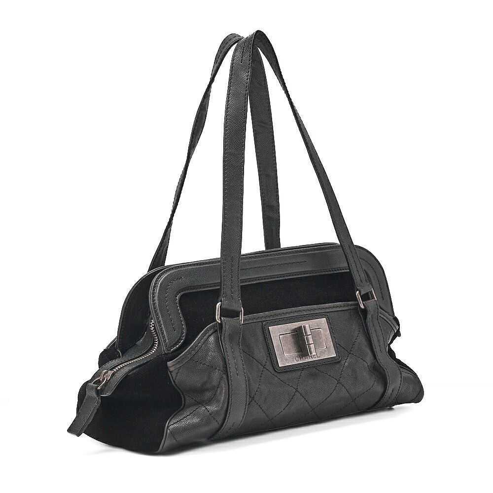 CHANEL Caviar Skin x Cotton Matelasse 2.55 Lock Tote Bag Black Silver-Tone Hardware, Pre-Owned