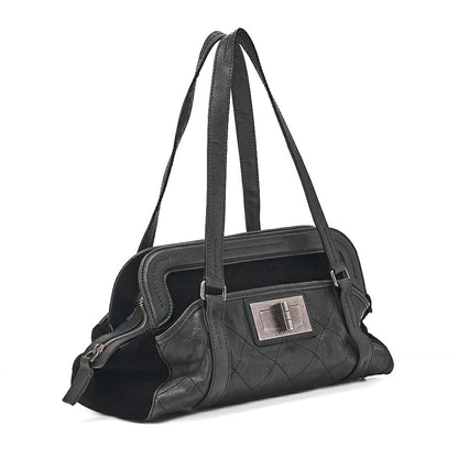 CHANEL Caviar Skin x Cotton Matelasse 2.55 Lock Tote Bag Black Silver-Tone Hardware, Pre-Owned