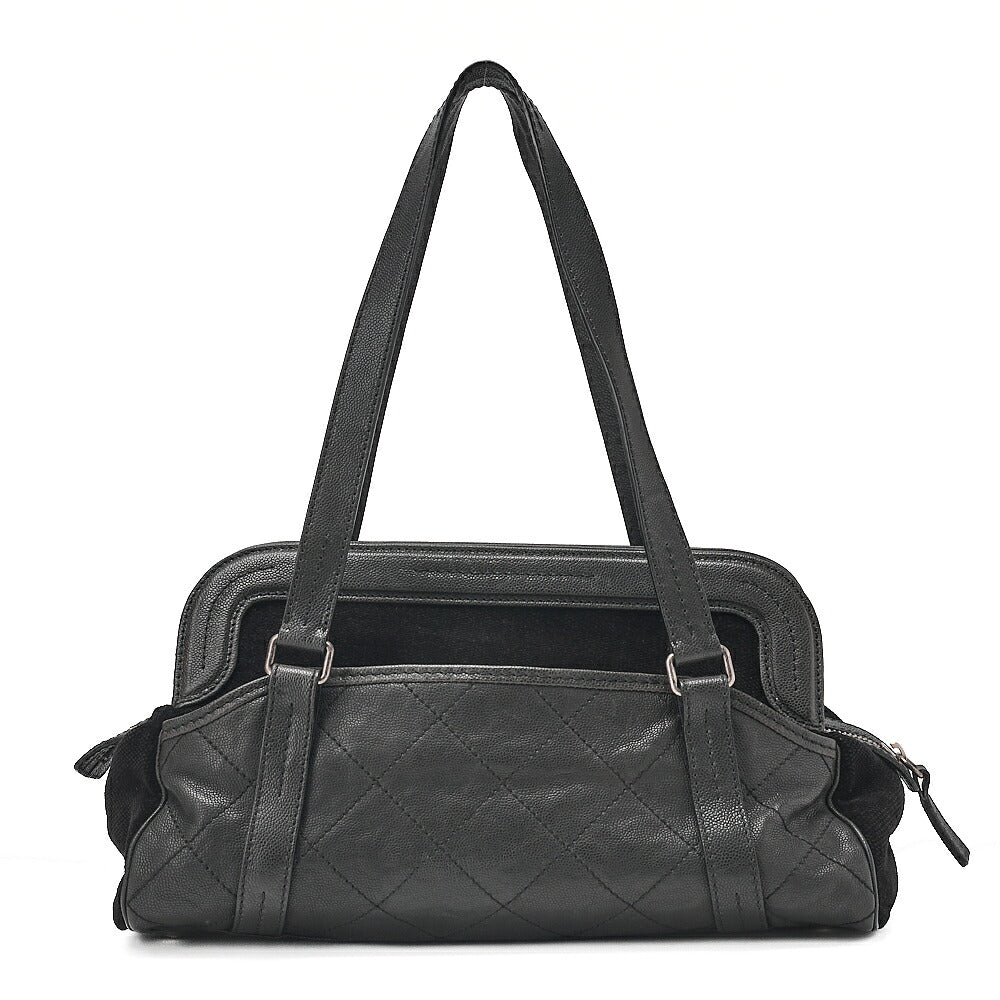 CHANEL Caviar Skin x Cotton Matelasse 2.55 Lock Tote Bag Black Silver-Tone Hardware, Pre-Owned