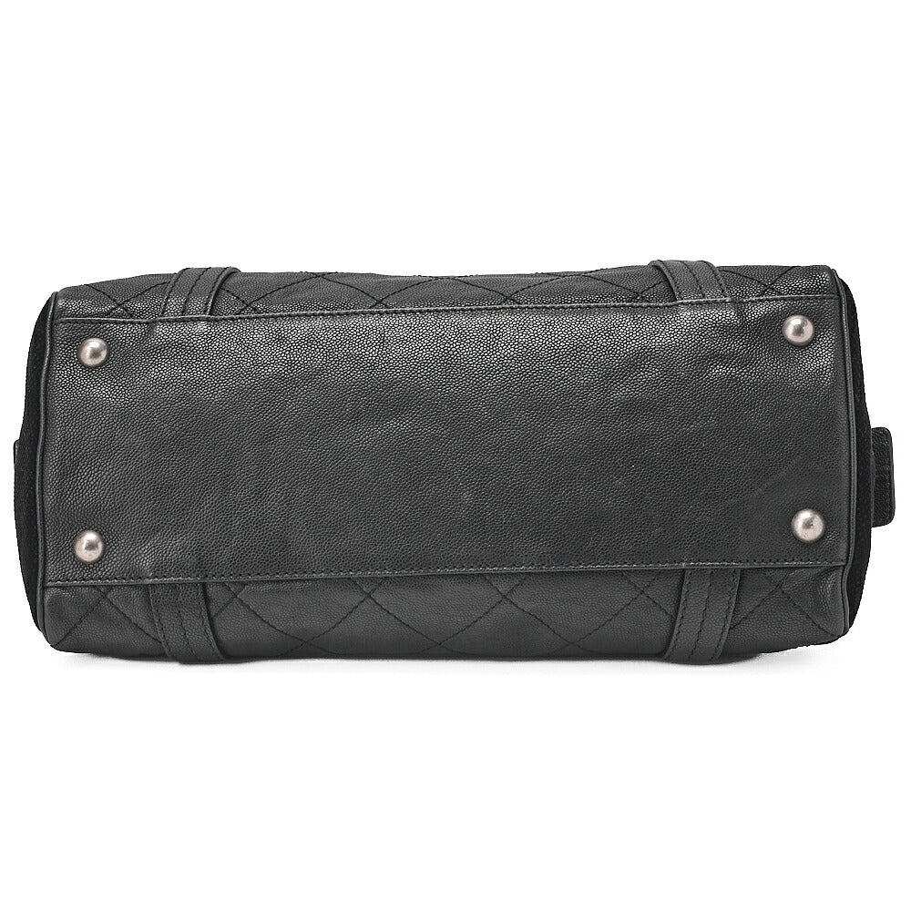 CHANEL Caviar Skin x Cotton Matelasse 2.55 Lock Tote Bag Black Silver-Tone Hardware, Pre-Owned