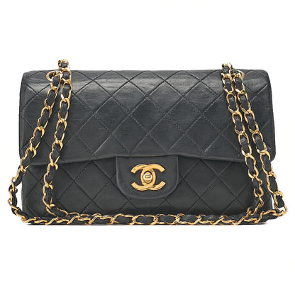 CHANEL Lambskin Matelasse Double Flap 23cm Chain Shoulder Black Gold-Tone Hardware, Pre-Owned