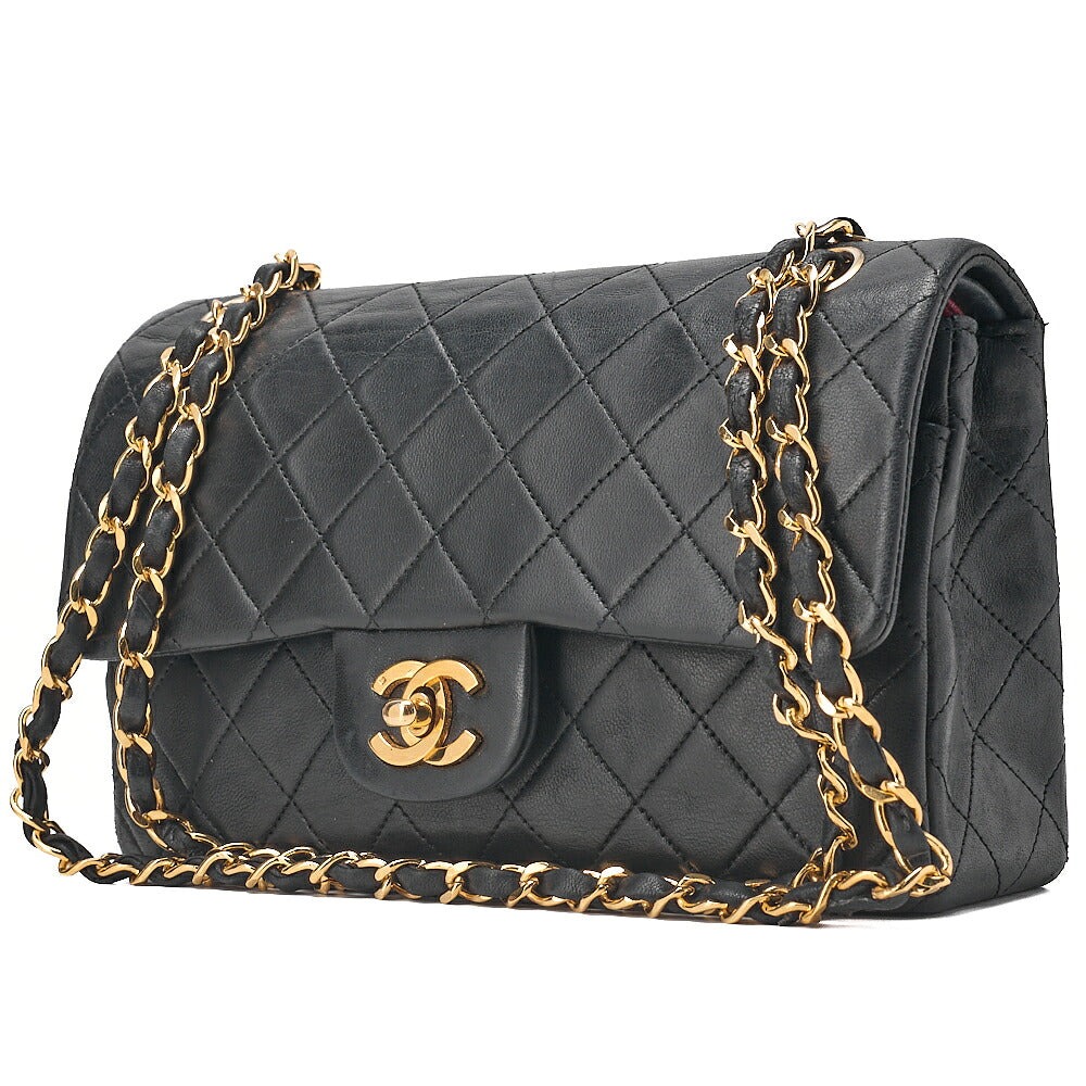 CHANEL Lambskin Matelasse Double Flap 23cm Chain Shoulder Black Gold-Tone Hardware, Pre-Owned