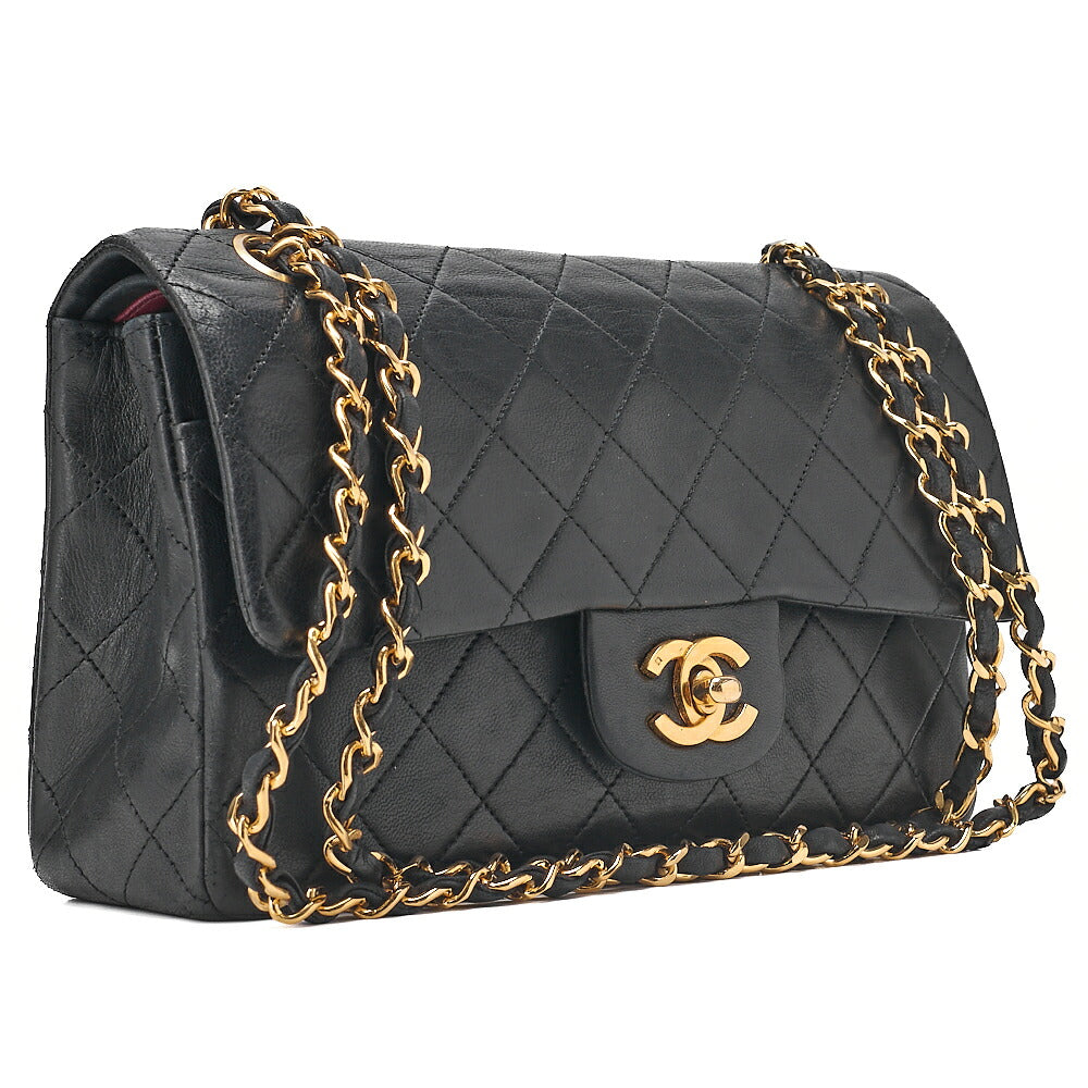 CHANEL Lambskin Matelasse Double Flap 23cm Chain Shoulder Black Gold-Tone Hardware, Pre-Owned