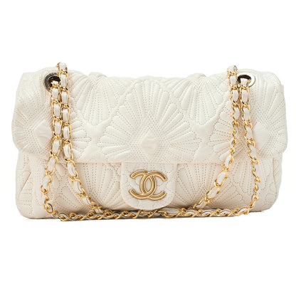 CHANEL Calfskin Diamond Stitch Single Flap Chain Shoulder Bag White Gold-Tone Hardware, Pre-Owned