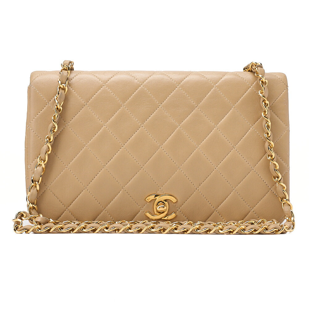 CHANEL Lambskin Matelasse Full Flap Chain Shoulder Beige Gold-Tone Hardware, Pre-Owned