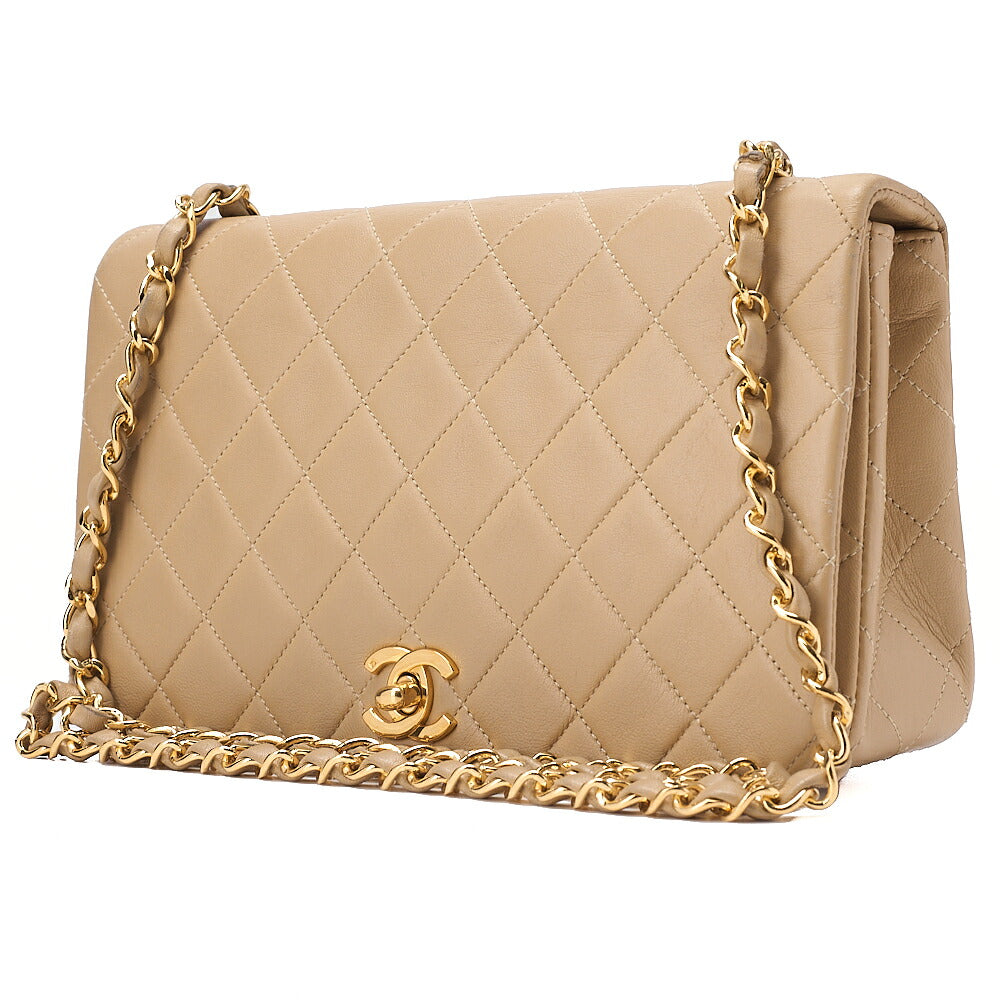 CHANEL Lambskin Matelasse Full Flap Chain Shoulder Beige Gold-Tone Hardware, Pre-Owned