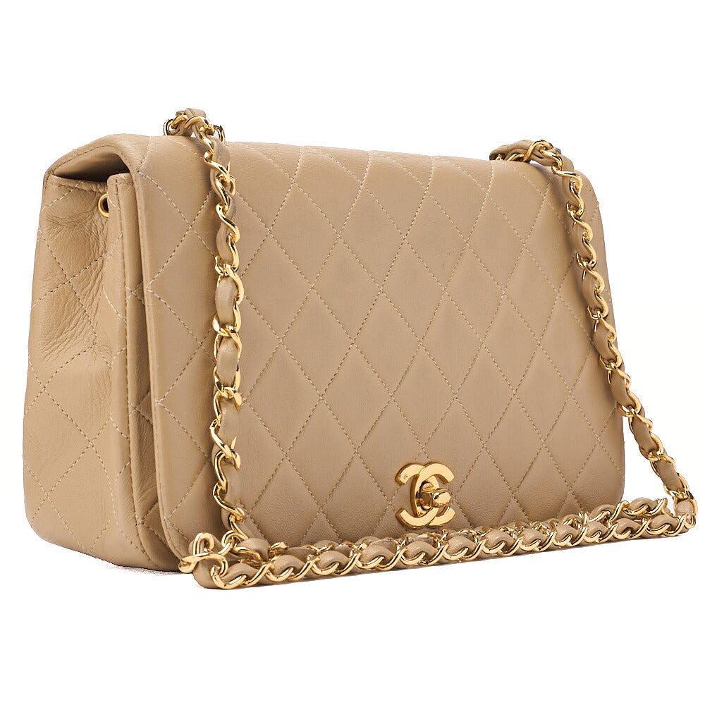 CHANEL Lambskin Matelasse Full Flap Chain Shoulder Beige Gold-Tone Hardware, Pre-Owned