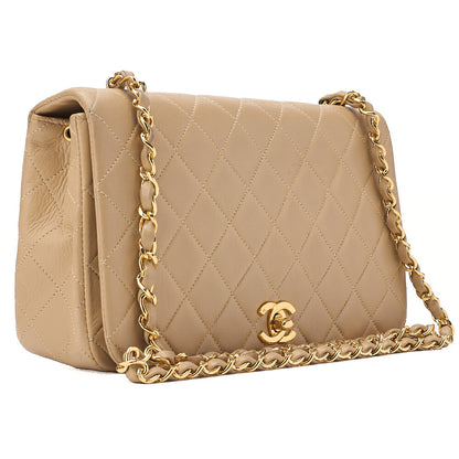 CHANEL Lambskin Matelasse Full Flap Chain Shoulder Beige Gold-Tone Hardware, Pre-Owned