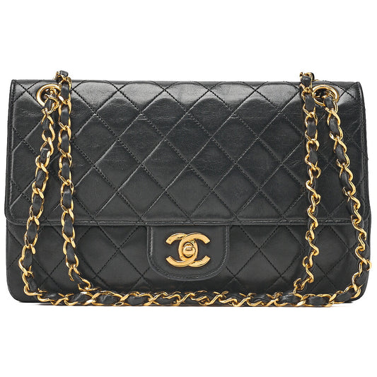 CHANEL Lambskin Matelasse W Straight Flap Chain Shoulder Black Gold -Tone Hardware, Pre-Owned