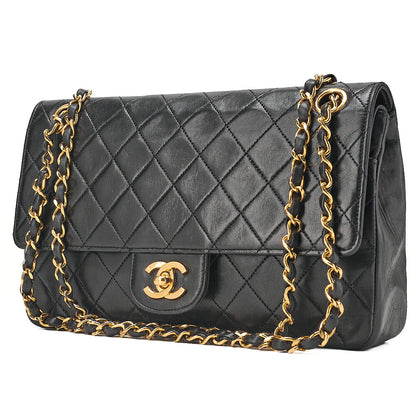 CHANEL Lambskin Matelasse W Straight Flap Chain Shoulder Black Gold -Tone Hardware, Pre-Owned