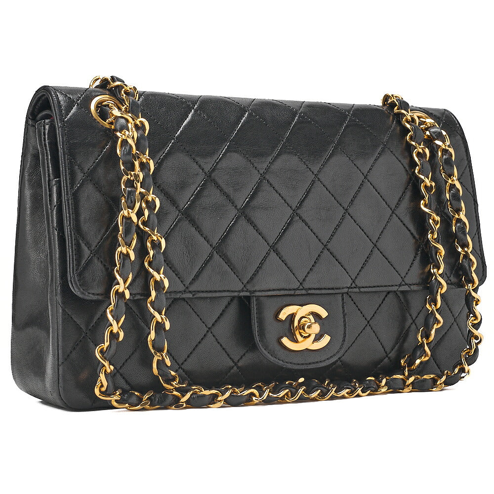 CHANEL Lambskin Matelasse W Straight Flap Chain Shoulder Black Gold -Tone Hardware, Pre-Owned