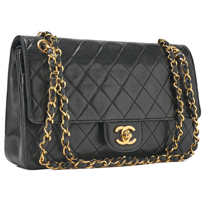 CHANEL Lambskin Matelasse W Straight Flap Chain Shoulder Black Gold -Tone Hardware, Pre-Owned