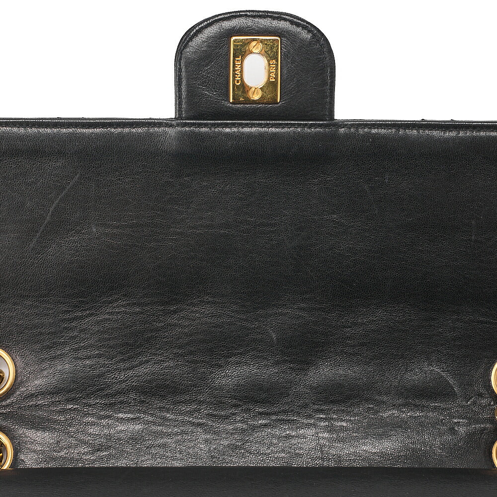 CHANEL Lambskin Matelasse W Straight Flap Chain Shoulder Black Gold -Tone Hardware, Pre-Owned