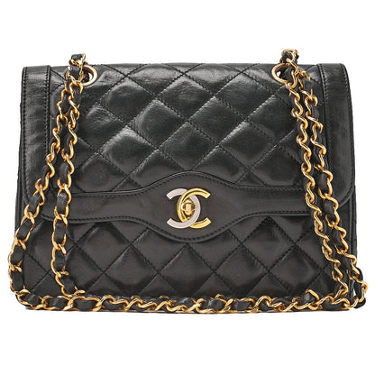 CHANEL Lambskin Matelasse Paris Limited 22cm Double Flap Shoulder Bag Black Gold-Tone Hardware, Pre-Owned