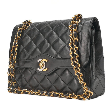 CHANEL Lambskin Matelasse Paris Limited 22cm Double Flap Shoulder Bag Black Gold-Tone Hardware, Pre-Owned