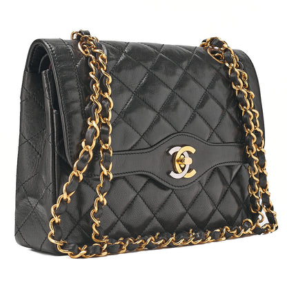 CHANEL Lambskin Matelasse Paris Limited 22cm Double Flap Shoulder Bag Black Gold-Tone Hardware, Pre-Owned