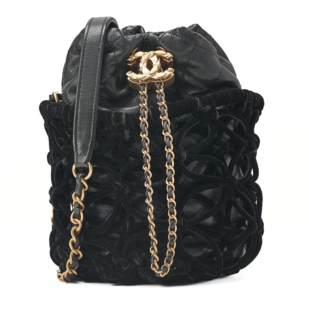 CHANEL Lambskin x Perois with Charm Drawstring Style Chain Shoulder Black Gold-Tone Hardware, Pre-Owned