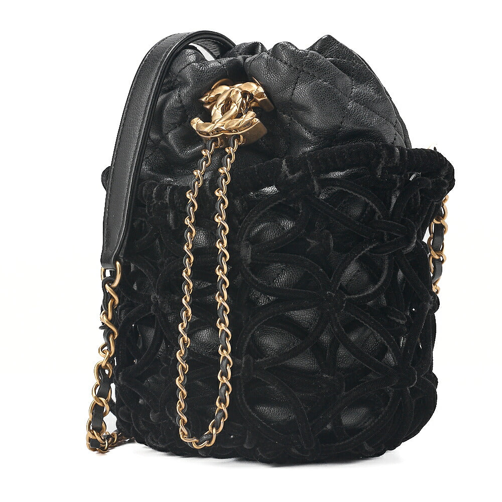 CHANEL Lambskin x Perois with Charm Drawstring Style Chain Shoulder Black Gold-Tone Hardware, Pre-Owned