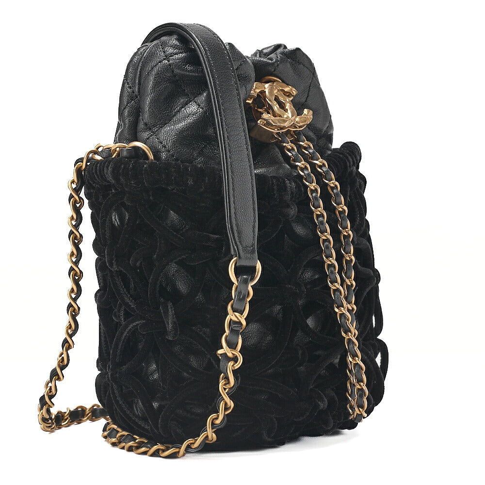 CHANEL Lambskin x Perois with Charm Drawstring Style Chain Shoulder Black Gold-Tone Hardware, Pre-Owned