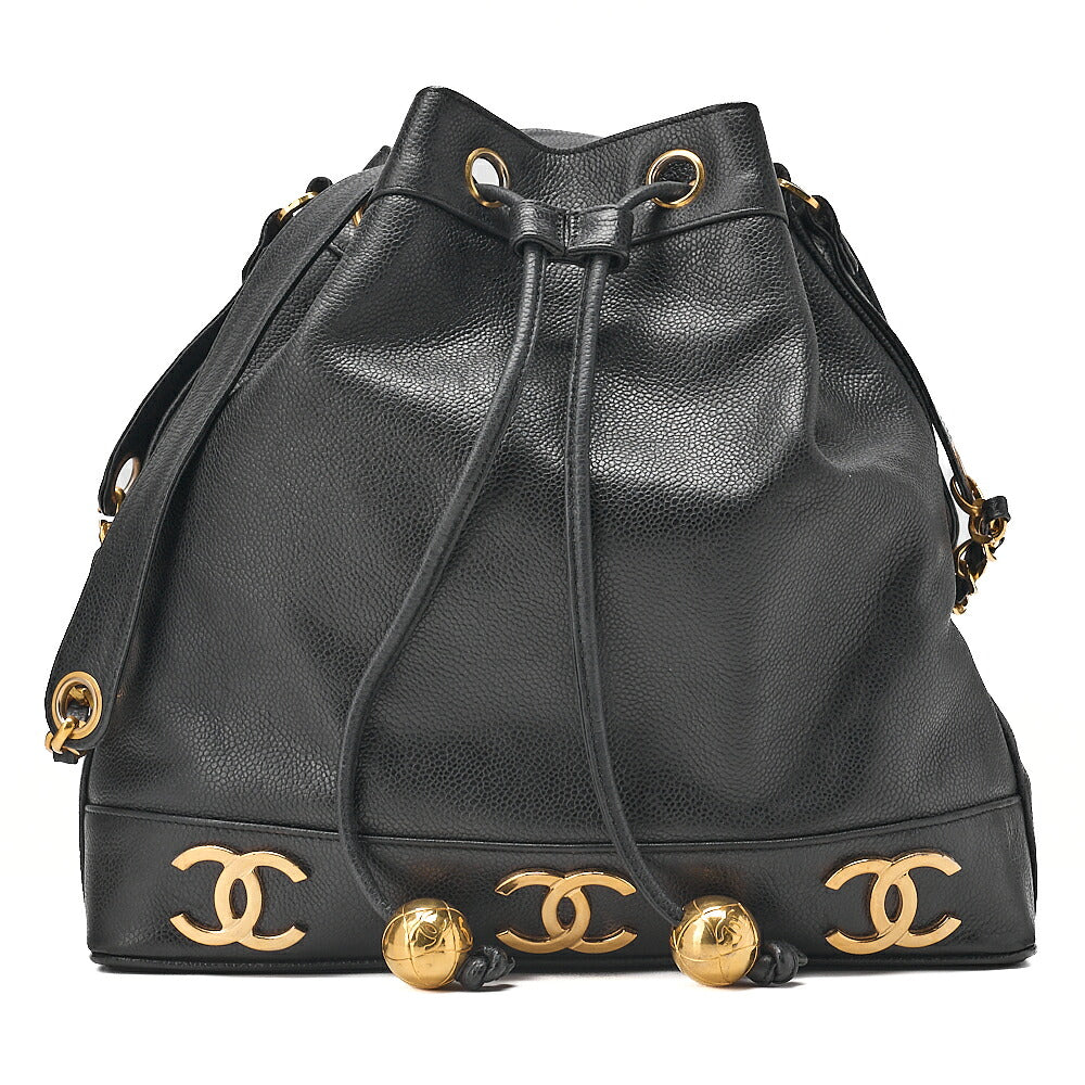CHANEL Chain Shoulder Bag Caviar Skin Triple Coco Drawstring Ball Charm Black Gold-Tone Hardware, Pre-Owned