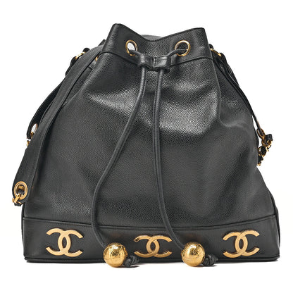 CHANEL Chain Shoulder Bag Caviar Skin Triple Coco Drawstring Ball Charm Black Gold-Tone Hardware, Pre-Owned