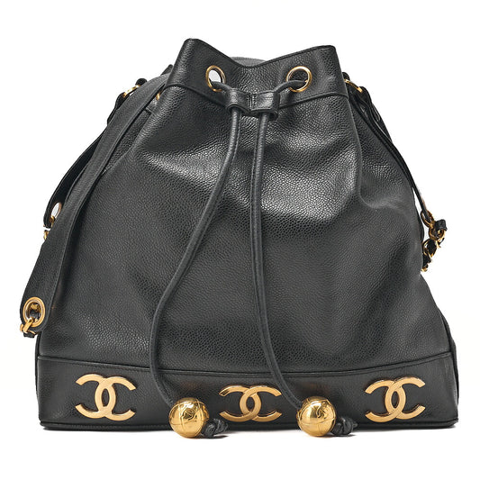 CHANEL Chain Shoulder Bag Caviar Skin Triple Coco Drawstring Ball Charm Black Gold-Tone Hardware, Pre-Owned