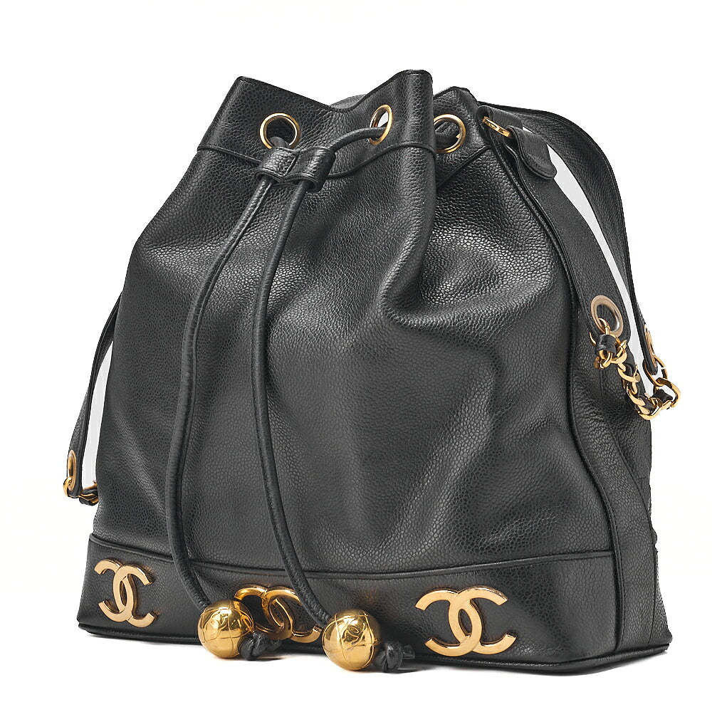 CHANEL Chain Shoulder Bag Caviar Skin Triple Coco Drawstring Ball Charm Black Gold-Tone Hardware, Pre-Owned