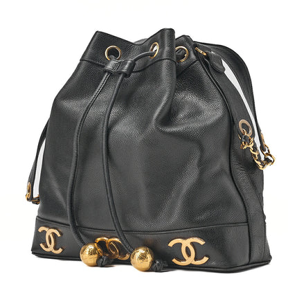 CHANEL Chain Shoulder Bag Caviar Skin Triple Coco Drawstring Ball Charm Black Gold-Tone Hardware, Pre-Owned
