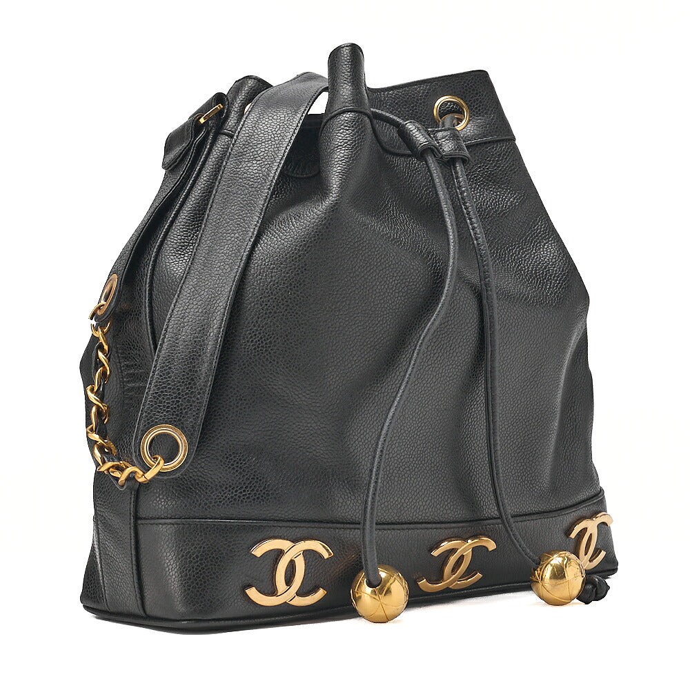 CHANEL Chain Shoulder Bag Caviar Skin Triple Coco Drawstring Ball Charm Black Gold-Tone Hardware, Pre-Owned